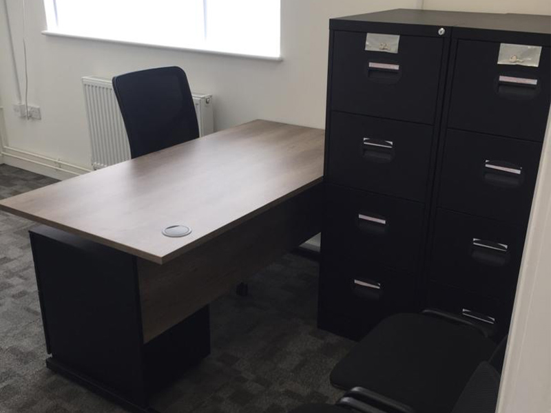 office desk with steel cabinet